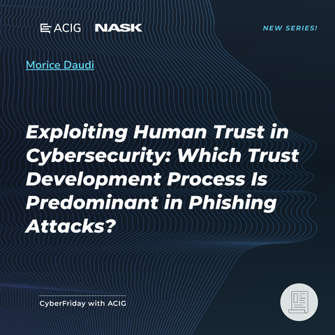 On a dark background: Title of the article “Exploiting Human Trust in Cybersecurity: Which Trust Development Process Is Predominant in Phishing Attacks?” by Morice Daudi. ACIG and NASK logos are visible.