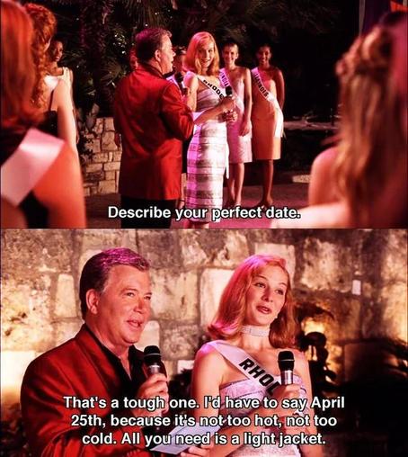 Two frames clipped from the film, Miss Congeniality. The top one has William Shatner asking a beauty pageant contestant, "Describe your perfect date."

In the second frame, the contestant replies, "That's a tough one. I'd have to say April 25th, because it's not too hot, not too cold. All you need is a light jacket. "