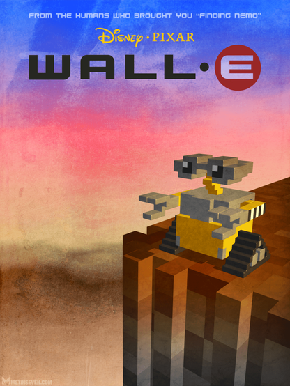 Poster design, featuring a voxel-styled Wall-E robot character from Pixar's animation film.