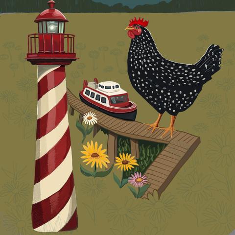 The striped lighthouse is finished. Now I've begun drawing in the "sea" which is a field of daisies and grass. Four daisies and a patch of grass under the pier are now drawn. Many more flowers and blades of grass to come.