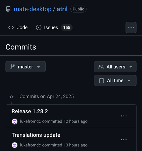Capture d'écran de la forge logicielle de MATE Desktops où on voit un commit de mise à jour des traductions et un de préparation à une nouvelle version