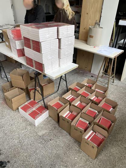 Photographie couleur de cartons ouverts, posés au sol, contenants des exemplaires du livre mentionné dans le toot. Des livres sous blister sont empilés sur une table-porte à trétaux du plus bel effet. Deux personnes aux visages floutés sont à l'arrière plan.