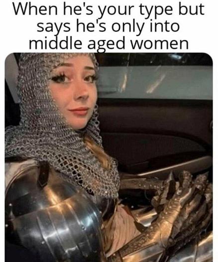 a girl in armor and text:
When he's your type but a he's only into middle aged women