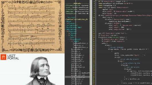 Bildschirmfoto mit einem digitalisierten Notenblatt von Franz Liszt, einem Porträt Liszts und dem Logo des Liszt-Portals links sowie Quellcode-Ansichten einer Programmierumgebung rechts.