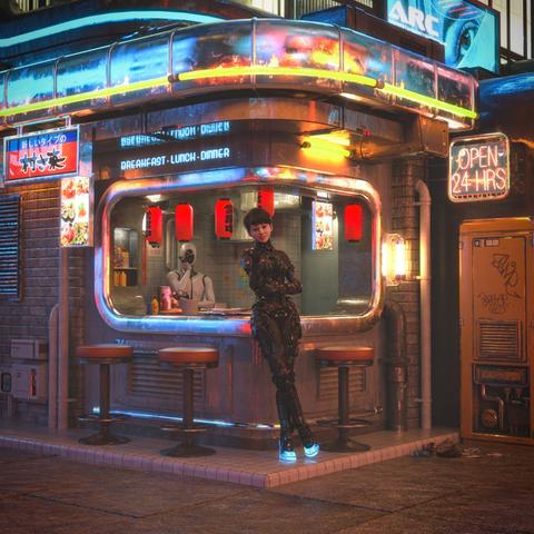 Description by ChatGPT: This image is a richly detailed 3D render of a neon-lit street corner in a futuristic city at night. The scene centers around a small, retro-style diner with a curved metallic façade and a bright "OPEN 24 HRS" sign glowing in pink neon. Above the diner window, a sign reads "BREAKFAST - LUNCH - DINNER" in glowing blue letters. Red paper lanterns hang inside, casting a warm, inviting glow over the counter.

A humanoid robot with a sleek white and black body is behind the counter, appearing to work as the cook or server. The robot has no hair and a featureless face, emphasizing its mechanical nature. A bottle of ketchup, mustard, and some utensils sit on the shiny metallic counter.

Leaning casually against the outside of the diner is a woman wearing a high-tech, black armored bodysuit with glowing blue accents on her boots. Her outfit is tight-fitting and tactical, suggesting she's either a soldier, mercenary, or futuristic law enforcer. She has short dark hair and a confident, slightly mischievous expression, with arms and legs crossed.

The background features glowing signage in Japanese, a cyberpunk cityscape of high-tech buildings, and subtle details like graffiti and litter, which add texture and realism to the scene. The atmosphere is a blend of gritty and futuristic, evoking themes of cyberpunk and neon-noir storytelling.