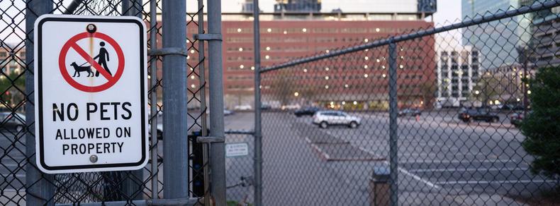 At the left of the image, there's a sign showing a person walking a dog on a leash; they're enclosed in a red circle and have the diagonal red bar of forbidding.  Beneath is the text "NO PETS / ALLOWED ON PROPERTY".  The sign is mounted on a chain link fence.  The rest of the frame is filled with fence business and background buildings.