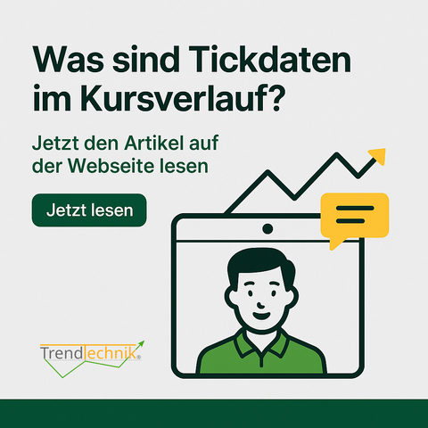 Illustration im Stil der TrendTechnik® mit der Überschrift ‚Was ist ein Tick?‘. Dargestellt ist eine ansteigende Kurve mit Punkten, die die Zunahme von Ticks bei steigender Handelsaktivität symbolisieren. Farbgestaltung in grün und gelb auf grauem Hintergrund.