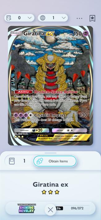A screenshot from the Pokemon TCGP game. The card is a rare Giratina