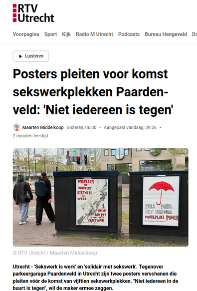 foto van RTV Utrecht nieuws met foto van de borden en twee personen die er naast lopen om het kruispunt over te steken