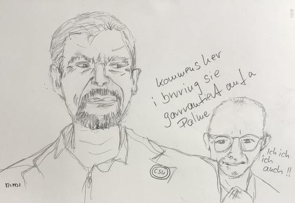 Zeichnung Karikatur. Portrait eines Herren mit Bart, der Herrn Söder ähnelt. Dieser „sagt“: kommens her i brrring sie garrrantiert auf a Palme. 
Darunter, hinter dessen Schulter versteckt ein kleinerer Kopf, der Herrn Merz ähnelt. Dieser „sagt“: ich ich ich auch!!