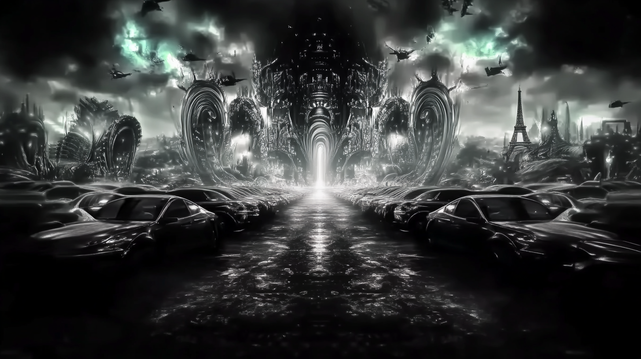 Temple de la Machine.
Perspective symétrique sur une ville futuriste noire et organique, alignée de voitures et surplombée d’architectures en fusion, dans une ambiance apocalyptique.
Symmetrical view of a dark, organic futuristic city lined with cars and towering fusion-like structures in an apocalyptic atmosphere.