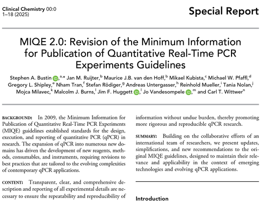 Screenshot of the MIQE 2.0 revision paper front page.