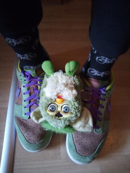 Meine Füße in grünen Turnschuhen, meine Beine in einer Jogger, man sieht die Bündchen unten. Auf den Schuhen liegt ein grüner Furby, mir zugewandt, d.h. es sieht aus, als ob der Furby auf dem Kopf steht.
In den Schuhen sind schwarze Socken und auf denen sind stylisierte, weiße Rennräder odera Gravelbikes zeigen.