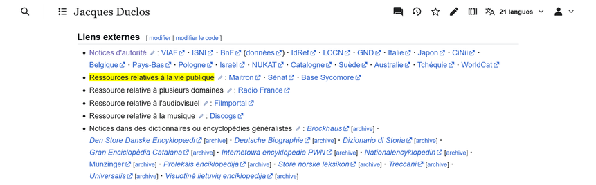 pied de page d'un article Wikipédia montrant en liens externes les ressources relatives à la vie publique : Maitron, Sénat et Base Sycomore