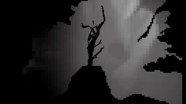 A black tree on a small hill, edges of black trees on the sides. Vague pixilated video background