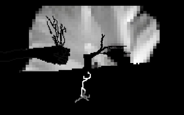 Black silhouette hand coming in from the left with tree branch in hand. Black tree in center in front of pixilated video flower. Black ground, surrounded by black. White roots in the ground