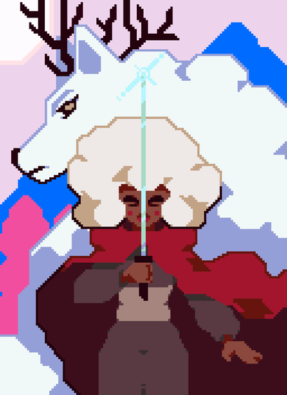 Fanart of Neva and Alba, with a style mixing pixelart and vector graphics. In here you can see Alba posing in a similar way to Alucard to the SotN cover art, and Neva is just behind of her sideways.

You can also see in the background a few trees, a mountain and a sun. Both the mountain and the trees are color coded in a specific way to use Neva as an in between color to give a similar look to the arrange of colors of the trans flag :)