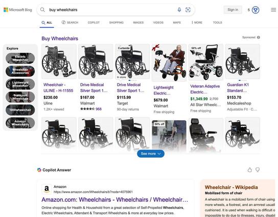 Bing with two rows of shopping ads with option to expand it