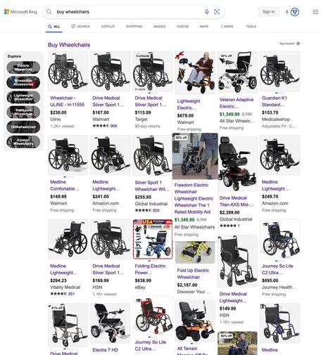 Bing with two rows of shopping ads with option to expand it