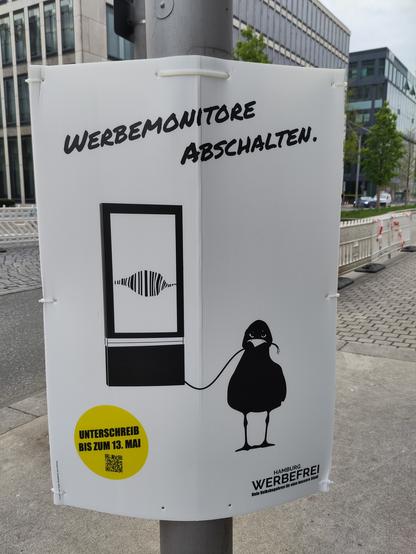 Plakat für Hamburg werbefrei. Eine Möwe die den Stcker aus einem digitalen Werbemonitor zieht.