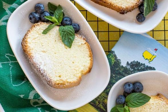 sweet buttery pound cake slices with blueberries and mint