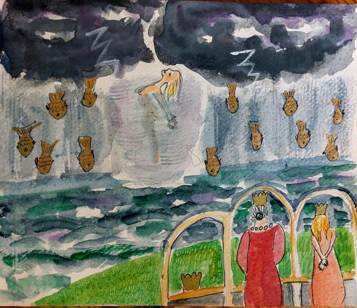 Princess is swept up by tornado while Queen and other Princess watch as golden fish fall from the sky