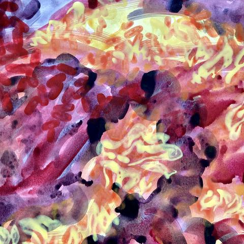 A cropped shot of an acrylic-paint-on-paper painting depicting an abstracted fire cloud. The paint is layered in semi-transparent washes of colour: an undulating mass of purple and crimson interspersed with orange lozenges and flame-like yellow squiggles.
