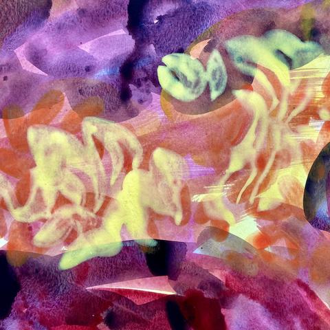 A cropped shot of an acrylic-paint-on-paper painting depicting an abstracted fire cloud. This detail shows transluscent pale yellow flames dancing over washes of purple, violet, and orange lozenges.