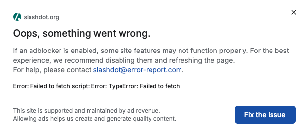 Error message "If an adblocker is enabled, some site features may not function properly. For the best experience, we recommend disabling them and refreshing the page."