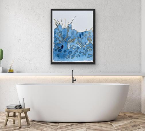 Big Splash watercolor painting. Waves in varying colors of blue topped with frothy gold spikes vertical abstract. Tranquil blue colors juxtapose with the movement of the color application to create a piece sure to hold your attention.