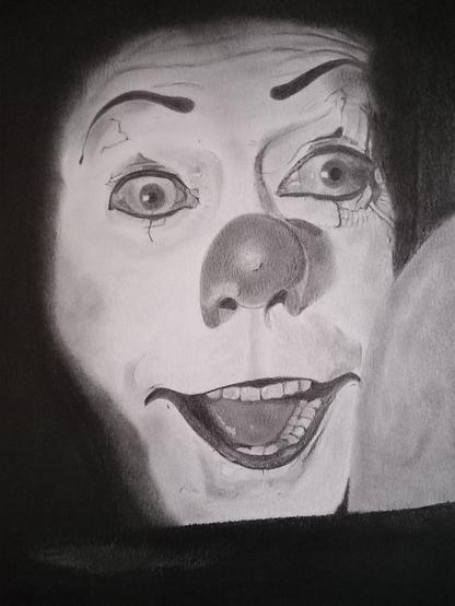 Portrait of Pennywise (IT 1990) drawn with graphite pencils.