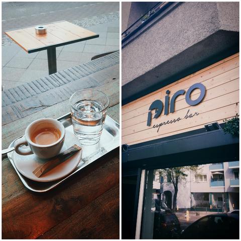 A split image: Left a fresh espresso and a glass of water on a small metal tray, placed on a wooden table in the storefront. Right the storefront of the piro espresso bar, with a large "piro" sign above.