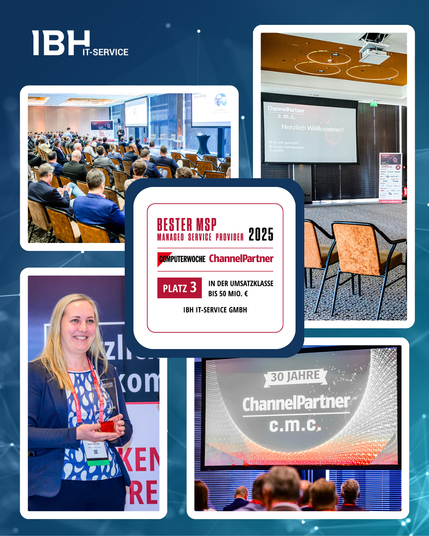 Collage von der Preisverleihung Bester MSP 2025 und Geschäftsführerin Sandra Zander mit dem Pokal in der Hand und Siegel Bester MSP 2025