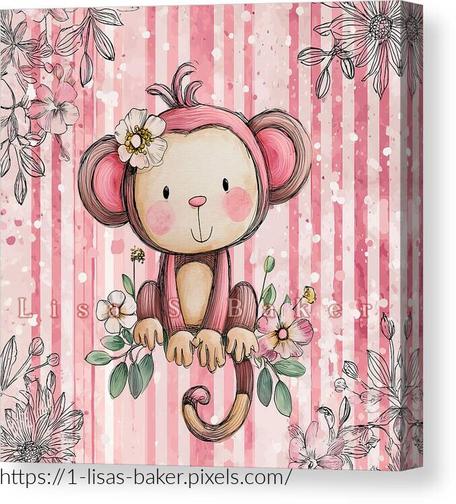 An art print of a cartoonish monkey with flowers and stripes. Art by Lisa S Baker