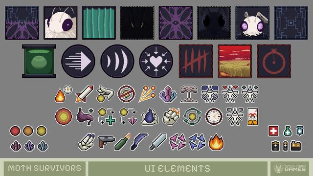 An assortment of icons and UI elements describing powerups and characters.