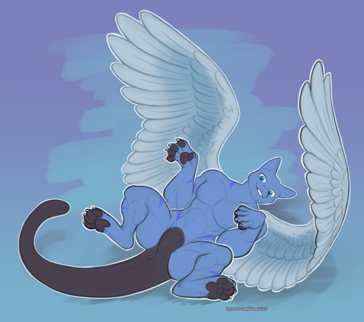 A sketchy illustration by Dynamo-Deepblue of a light blue male anthro cat hybrid that resembles the Pokemon Mewtwo, with a muscular frame, huge pale blue feathered wings, purple stripes, and a dark-colored tail and paw pads. He is lying on his back like a cat with his paws up, with his wings spread open. He is looking towards the viewer with a mischievous smile, as if waiting for someone to touch his belly so he can get them (the classic cat trap).