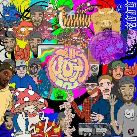 Colorful, psychedelic illustration for Del the Funky Homosapien & Thegoodnews's "This Just In!" album cover. The artwork includes cartoon-style faces, a dancing mushroom, a tiger, a lion, a giant brain, and a swirling TV screen surrounded by vivid neon backgrounds.