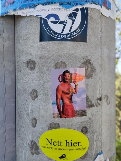 Ein grauer Pfahl, auf dem 3 Aufkleber gut zu erkennen sind, darüber abgerissene Plakate mit Text auf Slowenisch. 
Oberster Aufkleber: Antifa-Design mit Text "Fahrradbrigade".
Mitte: David Hasselhoff als Rettungsschwimmer in Baywatch.
Unten: Design der bekannten Baden-Württemberg-Aufkleber, Text: "Nett hier. Aber wurde das schon vergemeinschaftet?", darunter klein: "junge grüne"