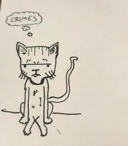 a little cat with a squiggly tail and a blep sits and thinks "crimes."