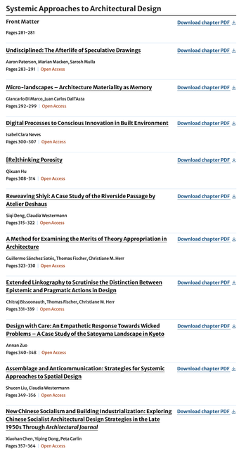 Table of contents from a book section titled 'Systemic Approaches to Architectural Design'. The page displays chapter titles, authors, page numbers, and access information. Chapters include 'Undisciplined: The Afterlife of Speculative Drawings', 'Micro-landscapes – Architecture Materiality as Memory', 'Digital Processes to Conscious Innovation in Built Environment', '[Re]thinking Porosity', 'Reweaving Shiyi', 'A Method for Examining the Merits of Theory Appropriation in Architecture', 'Extended Linkography', 'Design with Care', 'Assemblage and Anticommunication', and 'New Chinese Socialism and Building Industrialization'. Each chapter has download options and indicates Open Access availability.