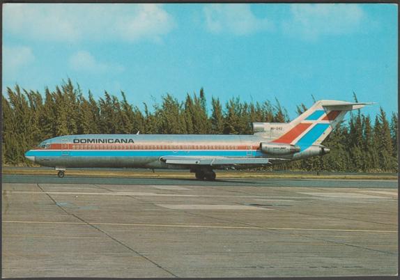 Printed colour postcard showing a view of the Dominicana Boeing 727-2J1 on the tarmac.

Published by Michel Moskal Postcards, No 048.

Postally unused.

Very good condition, with very slight corner bumps, but slight bump to top left corner.