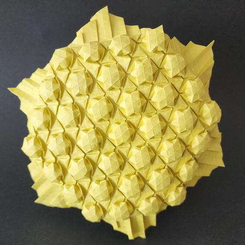 Une tessellation en origami. C'est un motif qui se répète sur une feuille sur laquelle on a plié une grille plus ou moins dense.
Ici, la feuille est un hexagone, et les motifs sont des étoiles à six branches en volume.