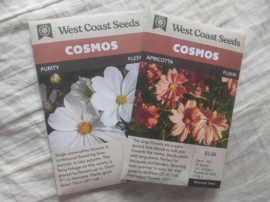Two packets of cosmos seeds: one with a picture of white cosmos and the other apricot.