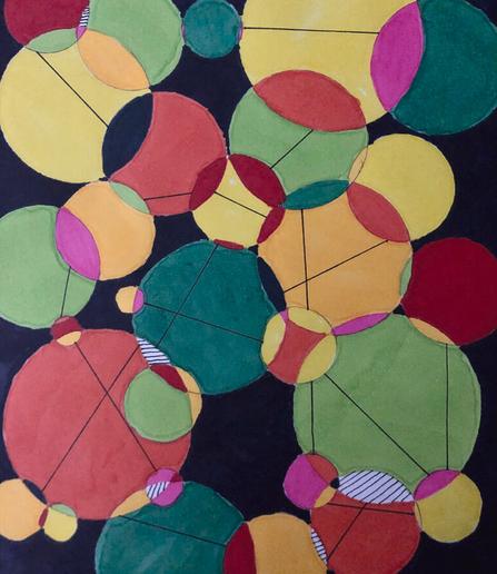 a plethora of circles of varying sizes intersecting via colorful collisions and outstretched lines.