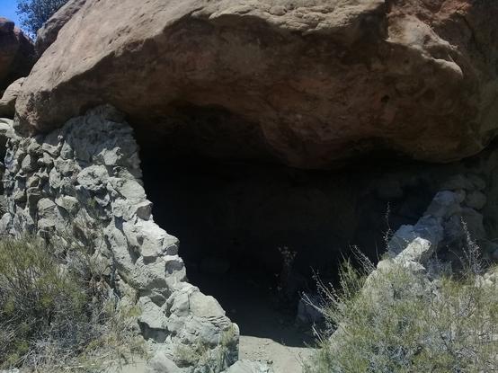 the mouth of a cave (or old house?) built around a large leaning rock that serves as its roof, with side walls made of sloppily constructed clay or concrete; overgrown with weeds outside the entrance