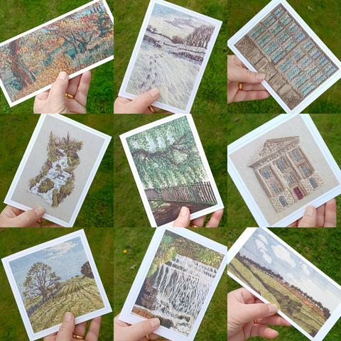 Collage of 9 greeting cards, all held in the hand against green grass