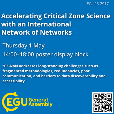 An advertisement for a poster presentation at the upcoming EGU conference, white letters on a blue background with the yellow EGU logo in the lower left corner.