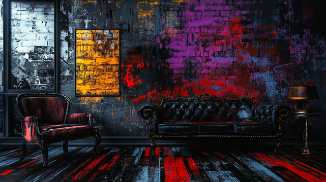 Salon Pourpre.
Salon gothique aux textures picturales, fauteuils anciens et murs éclaboussés de couleurs vives entre rouge, violet et jaune incandescent.
Gothic living room with painterly textures, vintage chairs and walls splashed with vivid colors between red, violet, and glowing yellow.