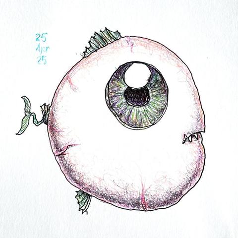 A fish that looks like an eyeball. Drawing in black ink and coloured ballpoint pen.