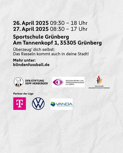 Unterer Teil des Plakats mit Text:
26. April 2025 9:30-18 Uhr
27. April 8:30-17 Uhr
Sportschule Am Tannenkopf 1, 35305 Grünberg